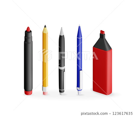 3D set of pens, pencil, markers isolated on white 123617635