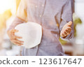 Architect and civil engineer shaking hands while holding hard hat in hand 123617647