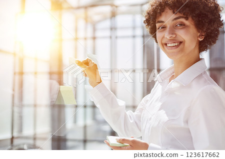 woman working on project plan using sticky papers notes on glass 123617662