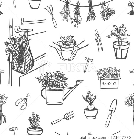 Growing garden flowers seamless pattern in sketch style 123617720