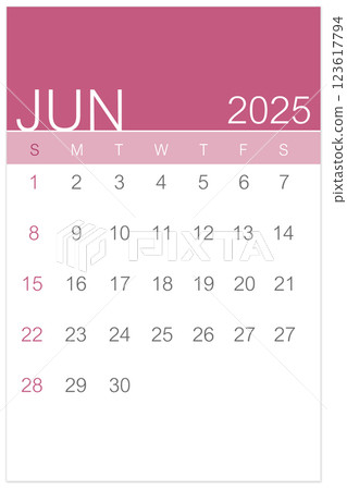 Vertical of Pink June 2025 Calendar isolated on white background, Saved clipping path. 123617794