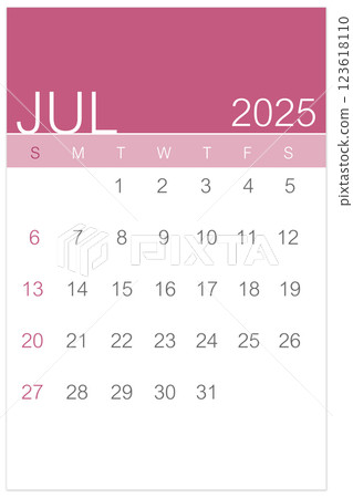 Vertical of Pink July 2025 Calendar isolated on white background, Saved clipping path. 123618110