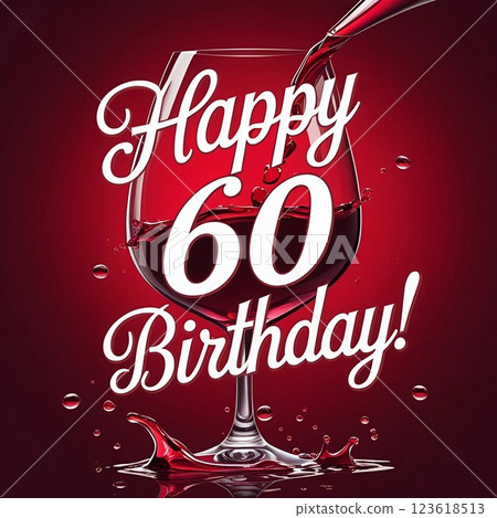 Happy 60th birthday with wine glass on red background.  123618513