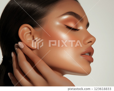 A glamorous close-up portrait of a woman with flawless glowing skin A glamorous close-up portrait of a woman with flawless glowing skin 123618833