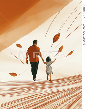 Minimalist illustration of a father and daughter walking hand in hand through an abstract autumn landscape Minimalist illustration of a father and daughter walking hand in hand through an abstract autumn landscape 123618838