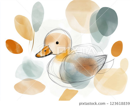 Minimalist watercolor illustration of a duckling with soft pastel tones and abstract shapes Minimalist watercolor illustration of a duckling with soft pastel tones and abstract shapes 123618839