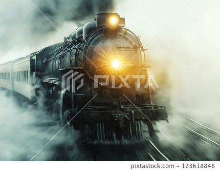 Dramatic steam locomotive with glowing headlights rushing through dense fog 123618848