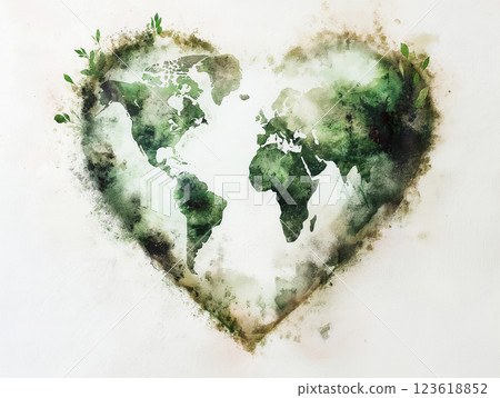 A heart-shaped watercolor illustration of the Earth with green tones and natural textures A heart-shaped watercolor illustration of the Earth with green tones and natural textures 123618852