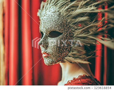 Elegant woman wearing a glamorous sequined and feathered masquerade mask Elegant woman wearing a glamorous sequined and feathered masquerade mask 123618854