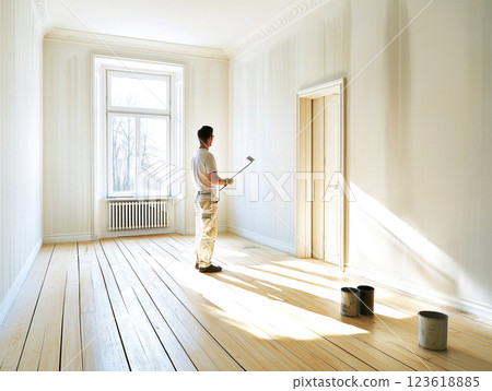 A painter standing in a bright, empty room with wooden floors 123618885