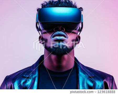 Futuristic portrait of a man wearing a virtual reality headset Futuristic portrait of a man wearing a virtual reality headset 123618888