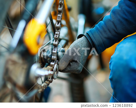 A close-up of a person repairing a bicycle chain while wearing gloves 123618892
