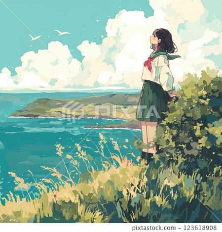 A girl thinking about the future by the sea A girl thinking about the future by the sea 123618908