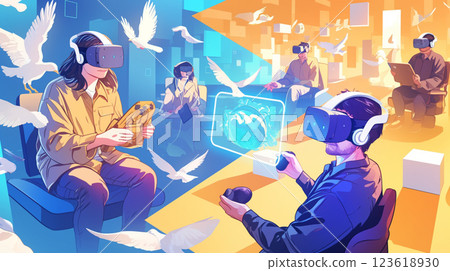 People seeing another world with VR 123618930