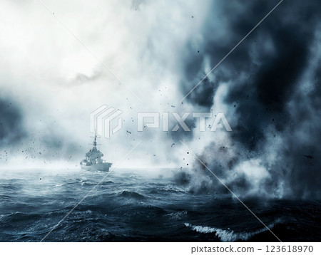 Warship navigating through a raging storm with dark ominous clouds Warship navigating through a raging storm with dark ominous clouds 123618970