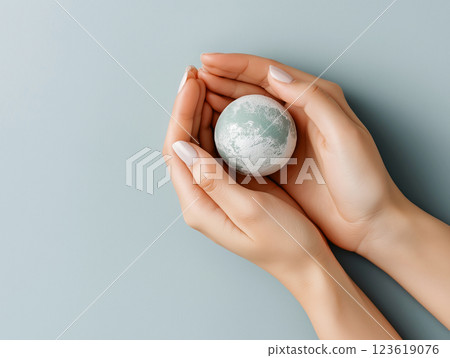 Hands gently holding a miniature Earth on a soft blue background 123619076