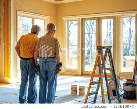 Two elderly men in work clothes standing in a sunlit room under renovation 123619077