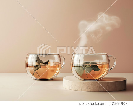 Two transparent glasses of hot herbal tea with floating leaves Two transparent glasses of hot herbal tea with floating leaves 123619081