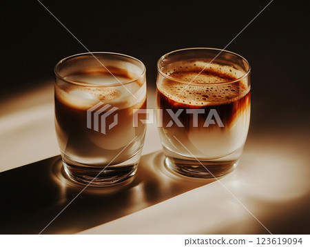 Two transparent glasses filled with layered latte coffee 123619094