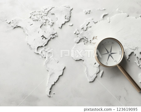 A textured 3D world map with a magnifying glass featuring a compass on a white plastered surface A textured 3D world map with a magnifying glass featuring a compass on a white plastered surface 123619095
