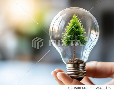 Light bulb with a tiny green tree inside symbolizing eco-friendly energy 123619180