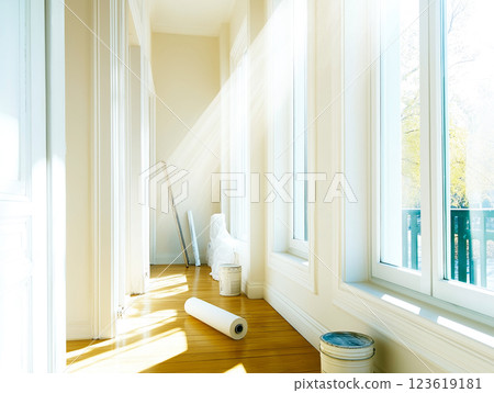 Bright hallway undergoing renovation with sunlight streaming 123619181