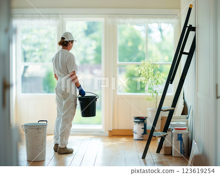 Painter in white uniform holding a bucket in a bright room 123619254