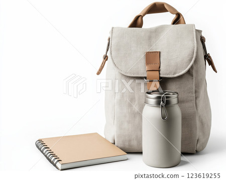A minimalist composition of a canvas backpack, a spiral notebook, and a stainless steel water bottle 123619255