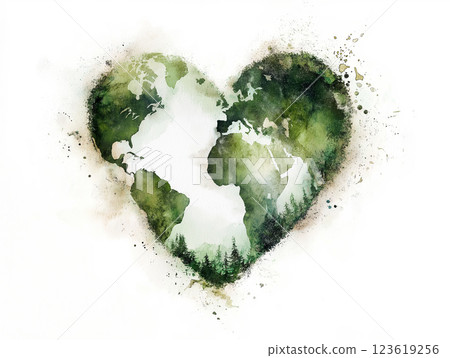 Watercolor illustration of Earth shaped as a heart with lush green forests 123619256