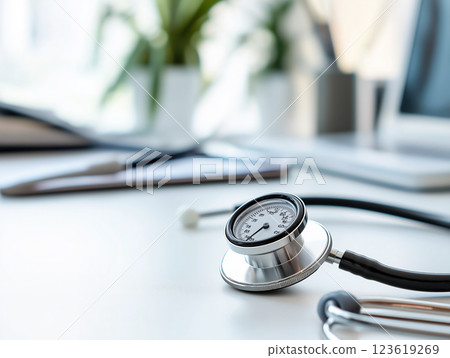 A close-up of a medical stethoscope and sphygmomanometer on a white desk A close-up of a medical stethoscope and sphygmomanometer on a white desk 123619269