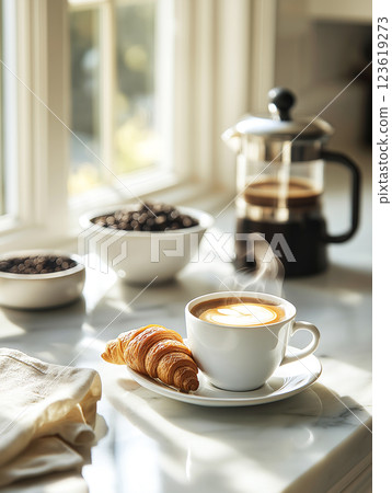 A bright inviting image of a morning coffee scene with a steaming cup of cappuccino 123619273