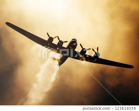 Silhouette of a vintage bomber aircraft flying 123619359