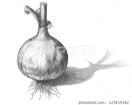 Black and white illustration of a garlic bulb with detailed shading and a dramatic shadow effect Black and white illustration of a garlic bulb with detailed shading and a dramatic shadow effect 123619362