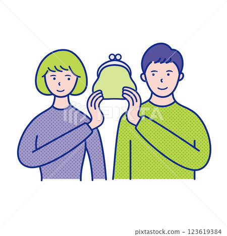 Upper body illustration of a man and woman holding a wallet together 123619384