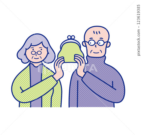 Upper body illustration of a senior man and woman holding a wallet together 123619385