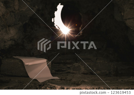 Easter resurrection concept. Jesus Christ resurrection. Empty tomb of Jesus with light. Born to Die, Rise. savior messiah redeemer gospel alive miracle. Christian religion. He is not here he is risen Easter resurrection concept. Jesus Christ resurrection. Empty tomb of Jesus with light. Born to Die, Rise. savior messiah redeemer gospel alive miracle. Christian religion. He is not here he is risen 123619453