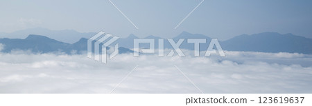 Mountain landscape. foggy morning. High angle view of trees in forest during foggy weather. Beautiful mountain and cloud natural landscape at sunrise in Thailand. panoramic banner with copy space. 123619637