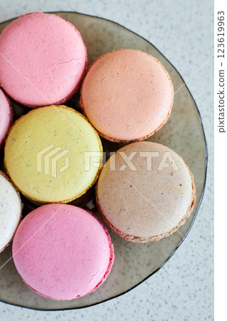 Bright French Macarons on plate 123619963