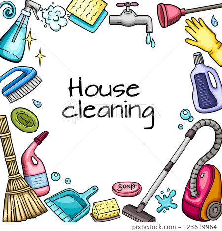 Hand drawn background with house cleaning tools. Hand drawn background with house cleaning tools. 123619964