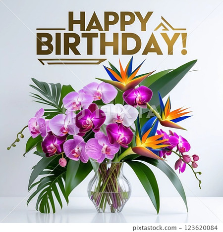 Elegant floral birthday arrangement with orchids and tropical flowers.  123620084