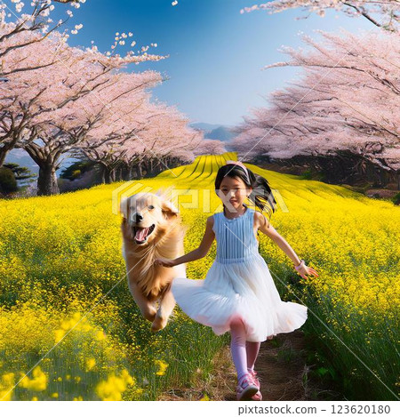 A woman and her dog walking in a park with cherry blossoms 123620180
