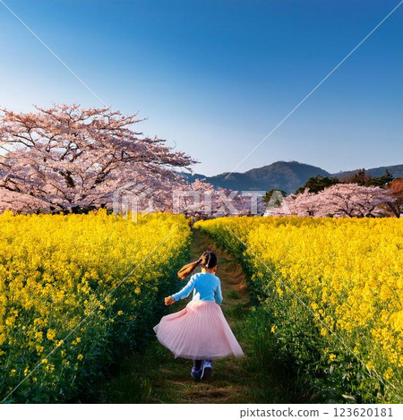 A woman and her dog walking in a park with cherry blossoms 123620181