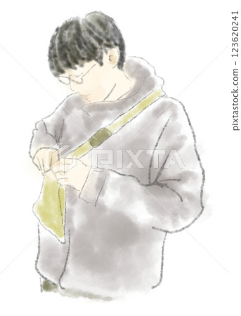 A watercolor illustration of a young man with glasses trying to take something out of a body bag A watercolor illustration of a young man with glasses trying to take something out of a body bag 123620241