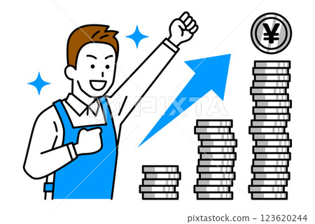 一名身穿圍裙的男子揮舞著拳頭慶祝自己財富的增長 123620244