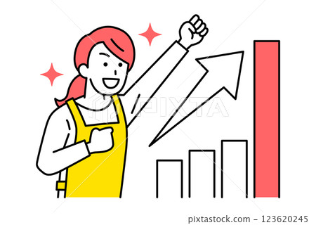 一名身穿圍裙的女子手握拳頭，高興地看著不斷增長的圖表 123620245
