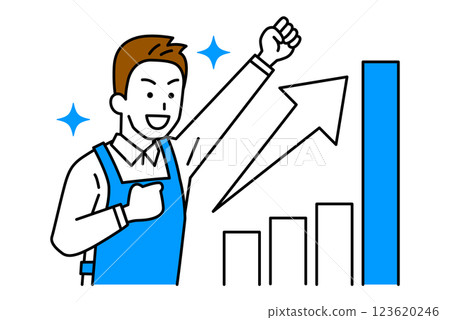 一名身穿圍裙的男子高興地握著不斷增長的圖表和拳頭 123620246