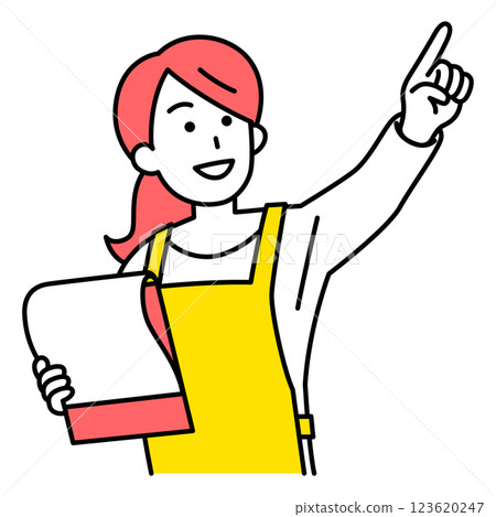 A woman in an apron holding a document and pointing into the distance A woman in an apron holding a document and pointing into the distance 123620247