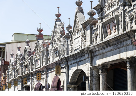 Close-up of the Daxi Old Street Building in Taoyuan, Taiwan. The street is the baroque-style architecture built during Japanese rule.  123620333