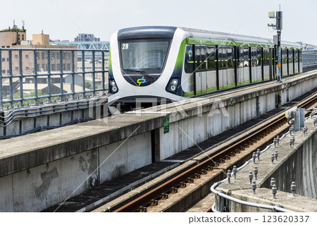A Green Line train running on the elevated track of the Taichung Rapid Transit System in Taiwan.  123620337
