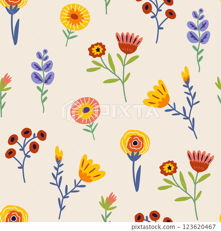 Seamless botanical pattern with abstract multi-colored flowers, leaves and twigs on a light background.  123620467